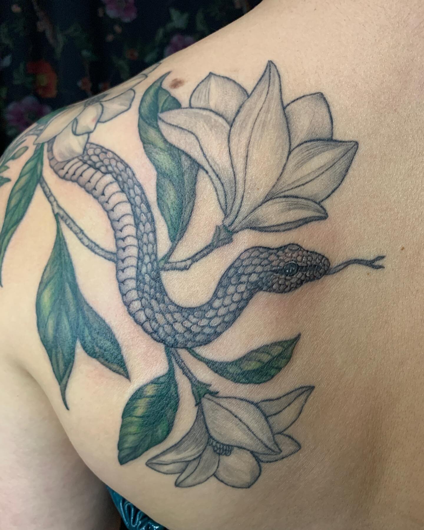 Snake and magnolia woven together 🐍🌺 Thank you Victoria!!! The magnolia towards the front is fresh, the rest of the magnolias are healed!
.
.
.
#snaketattoo #magnoliatattoo #botanicaltattoo #naturetattoo #snake #magnolia