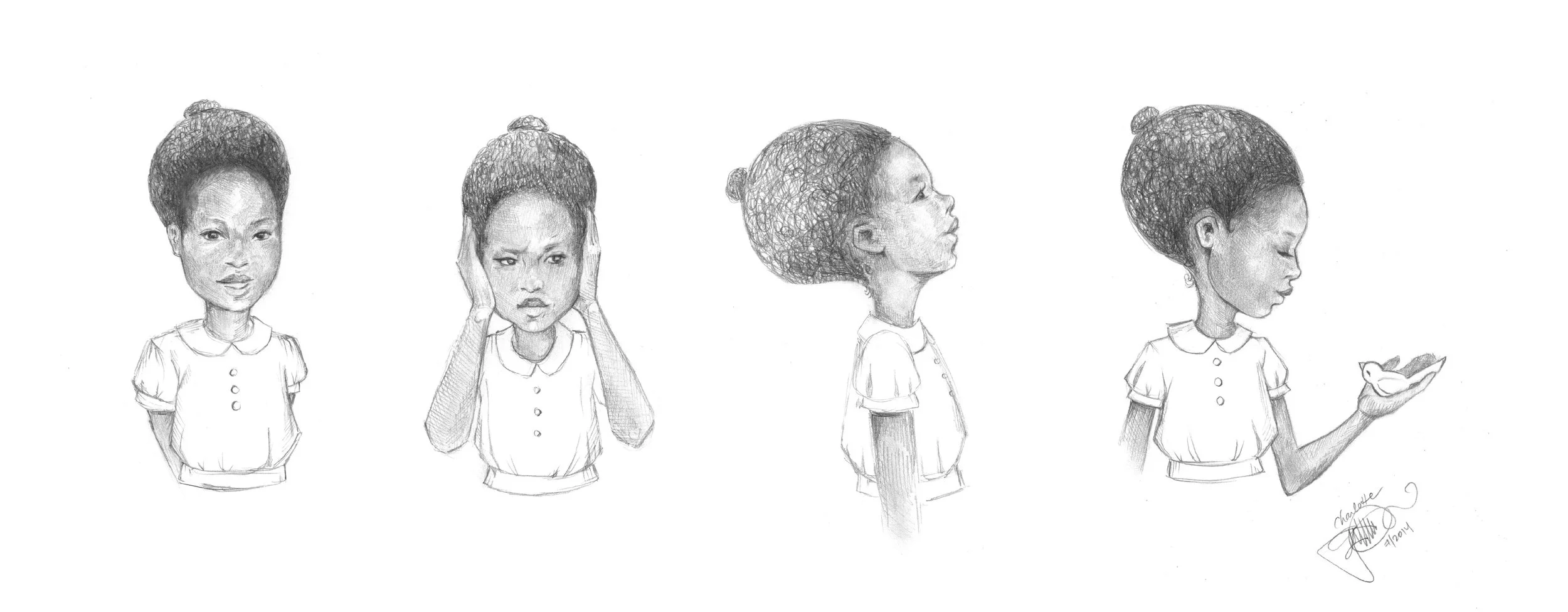 "Charlotte" character exploration by Janine Macbeth, 2014. Graphite on Bristol. For this character, I wanted to explore what it might be like to tune in to the beauty around us. I played with the idea of a joyful, confident, protected child from a qu