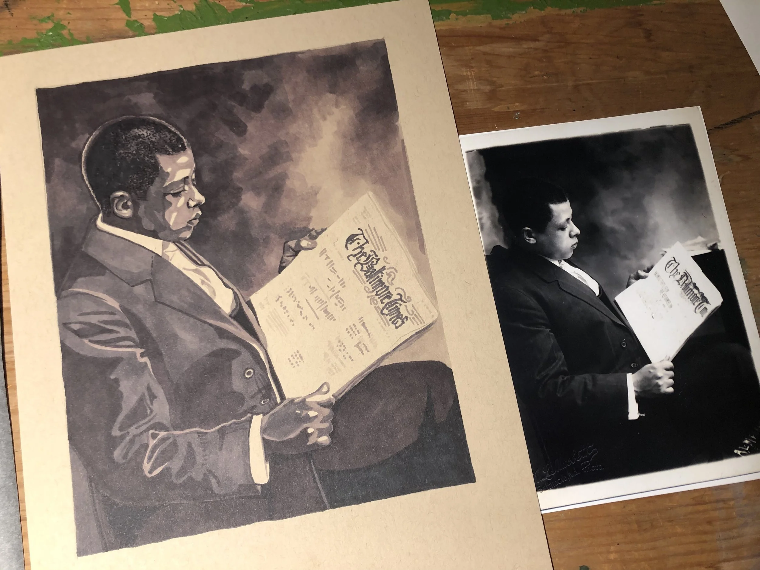 Hugh Macbeth holding The Baltimore Times. Artwork by Janine Macbeth, 2021.
