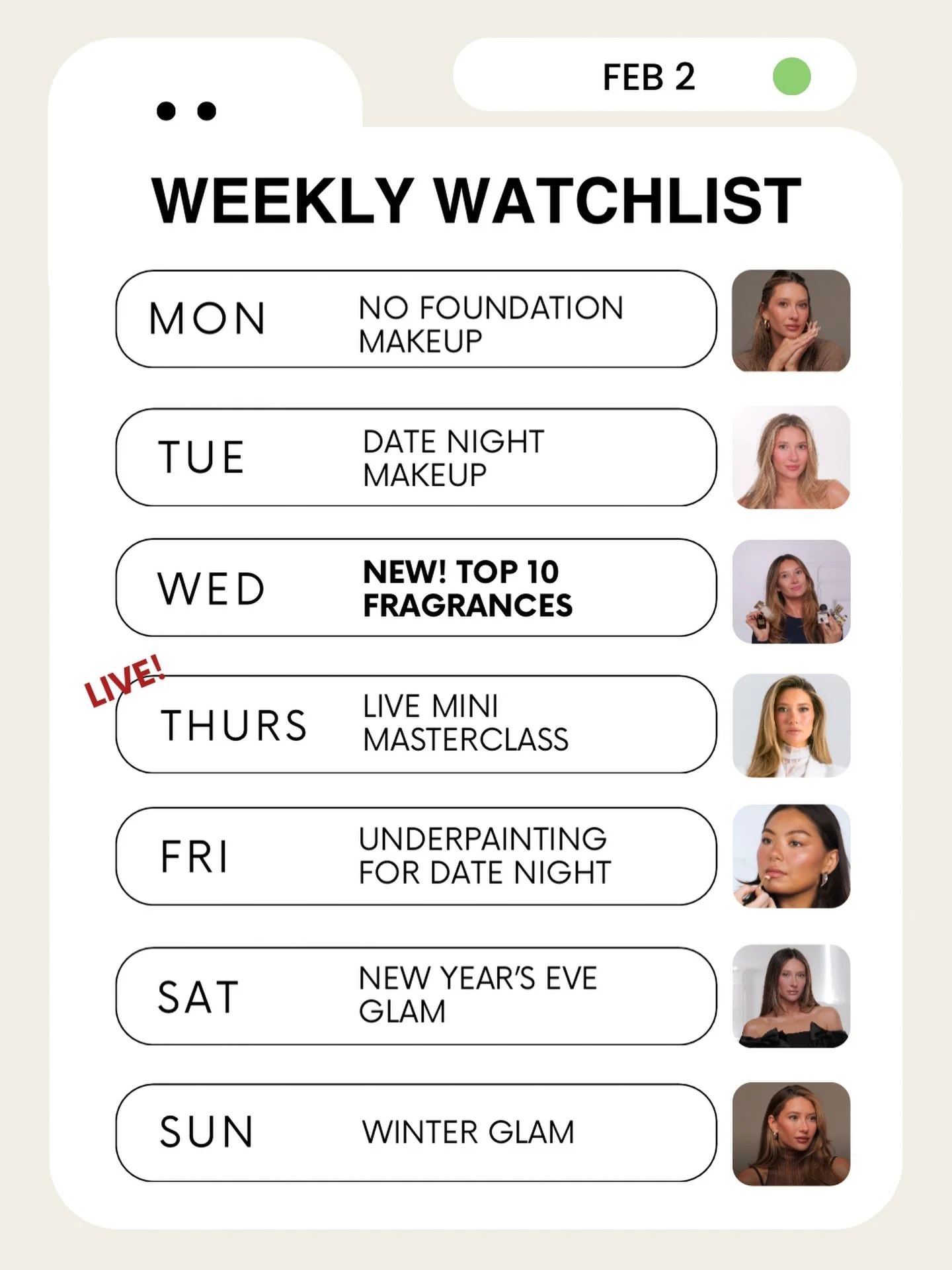 LOTS going on this week!!! Top 10 Fragrances comes out on Wednesday and our very first LIVE Mini Masterclass is on Thursday (sign up in app if you haven&rsquo;t already). And we we made sure to tailor this watchlist with looks suitable for Valentine&