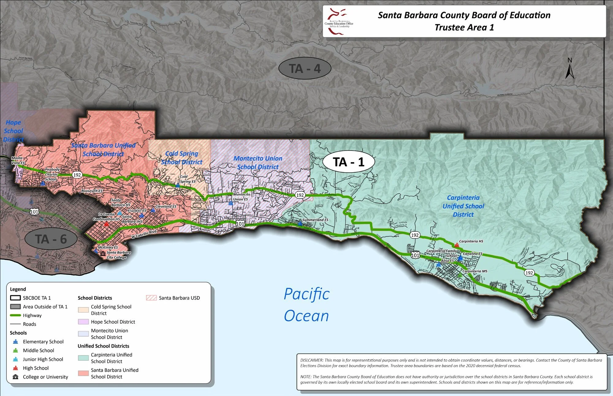 Map of Santa Barbara County Board of Education Trustee Area 1, including Carpinteria, Summerland, Montecito and parts of Santa Barbara