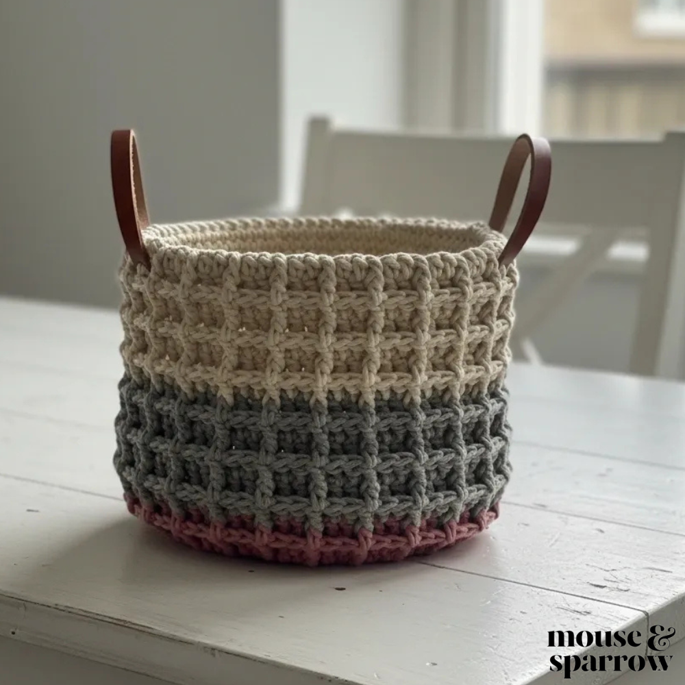 crochet waffle stitch basket on  a kitchen table