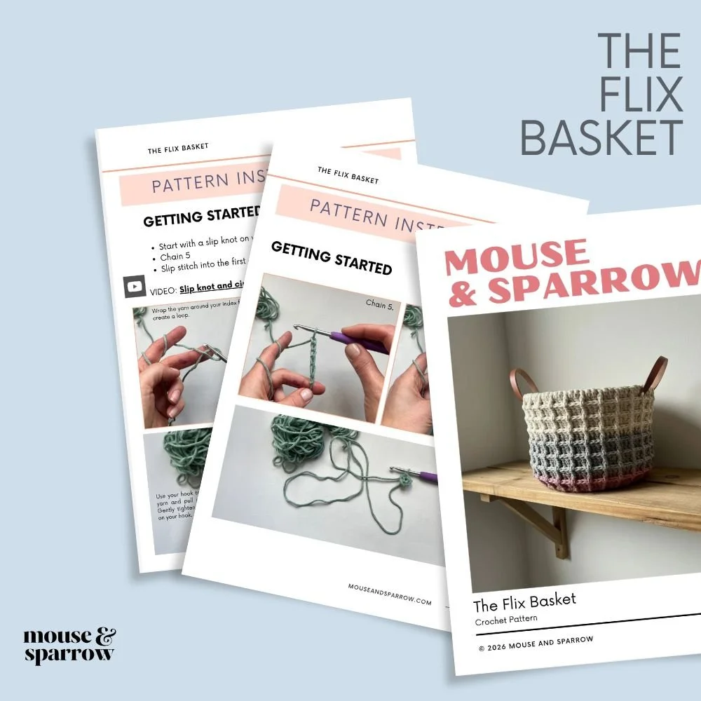 Finished crochet basket styled on shelf with home essentials, modern handmade storage idea
