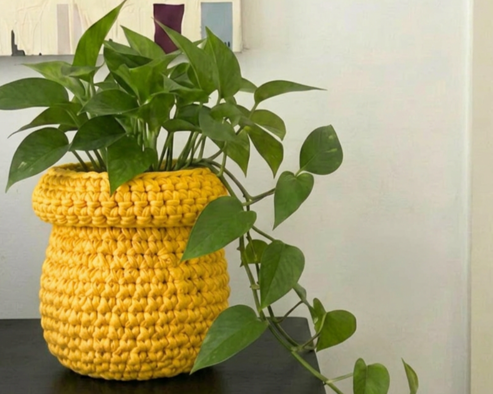 t-shirt yarn crochet plant pot cover pattern for beginners