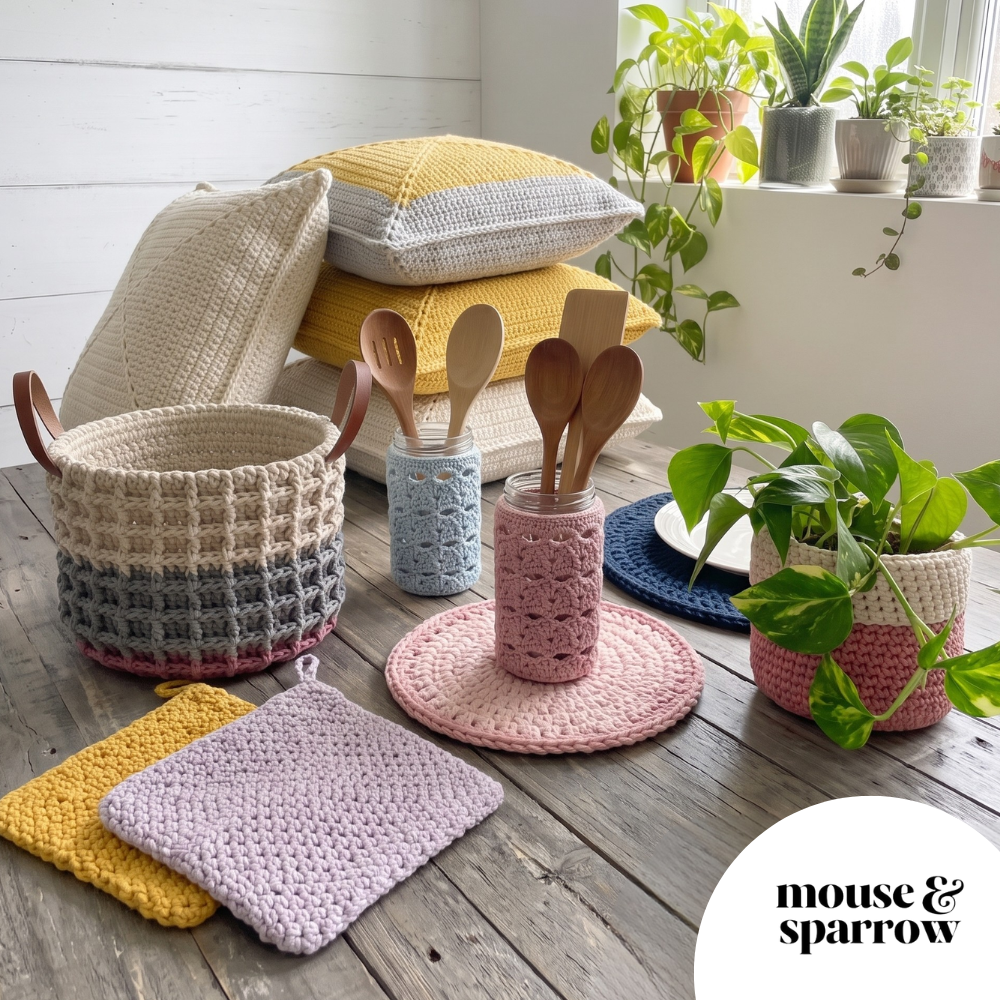 modern crochet products for the home on display