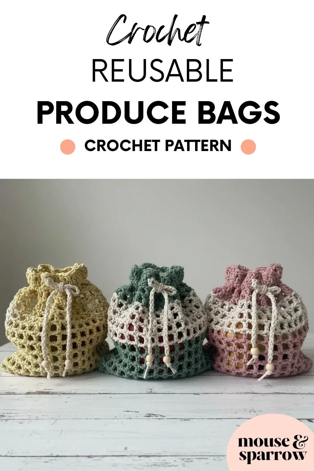 Easy crochet produce bag made with mesh stitches, lightweight and reusable for grocery shopping