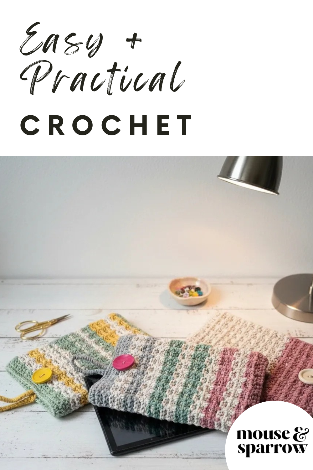 Easy crochet tablet cover pattern for beginners with textured stitch, handmade cotton iPad sleeve with button closure.