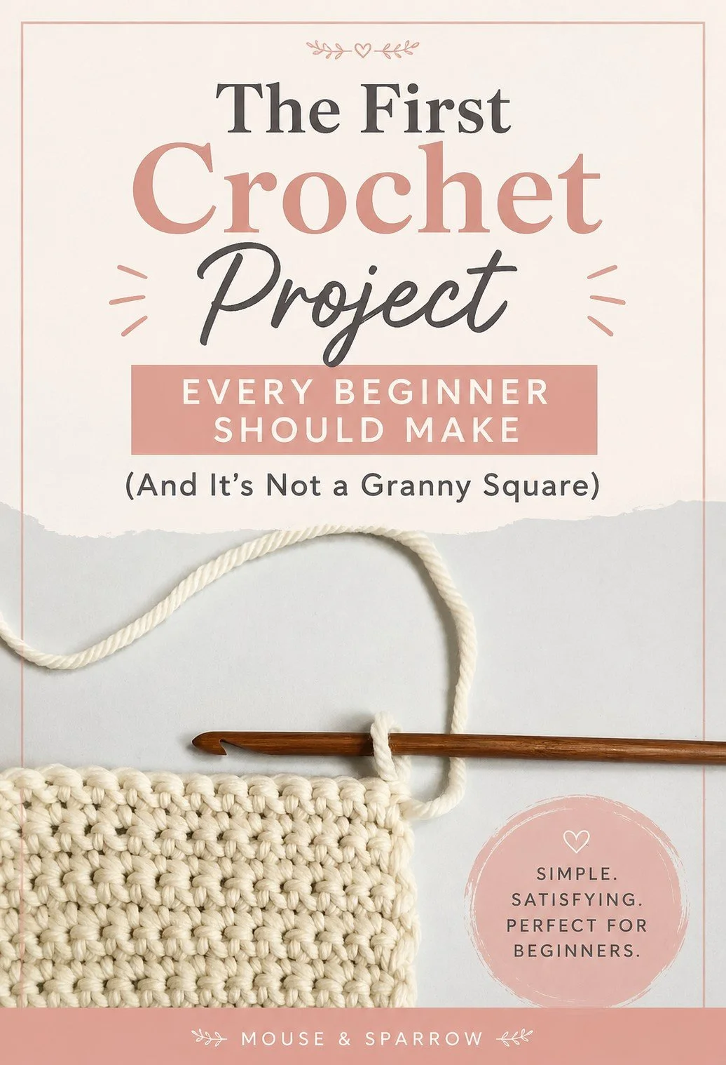 Beginner crochet swatch made with cream cotton yarn and a wooden crochet hook on a soft neutral background.