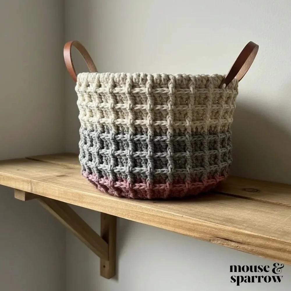Step-by-step view of crochet basket in progress using waffle stitch pattern