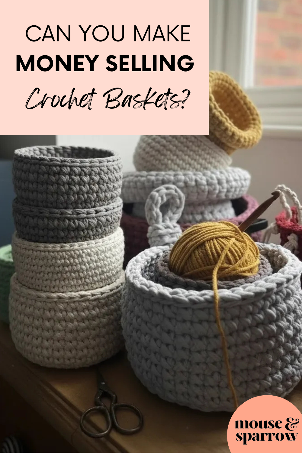 Crochet basket made with thick cotton yarn sitting on a wooden shelf used for stylish home storage and organisation