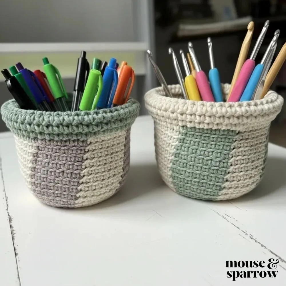 Beginner-friendly crochet basket pattern featuring a two-colour helix design worked in textured stitches