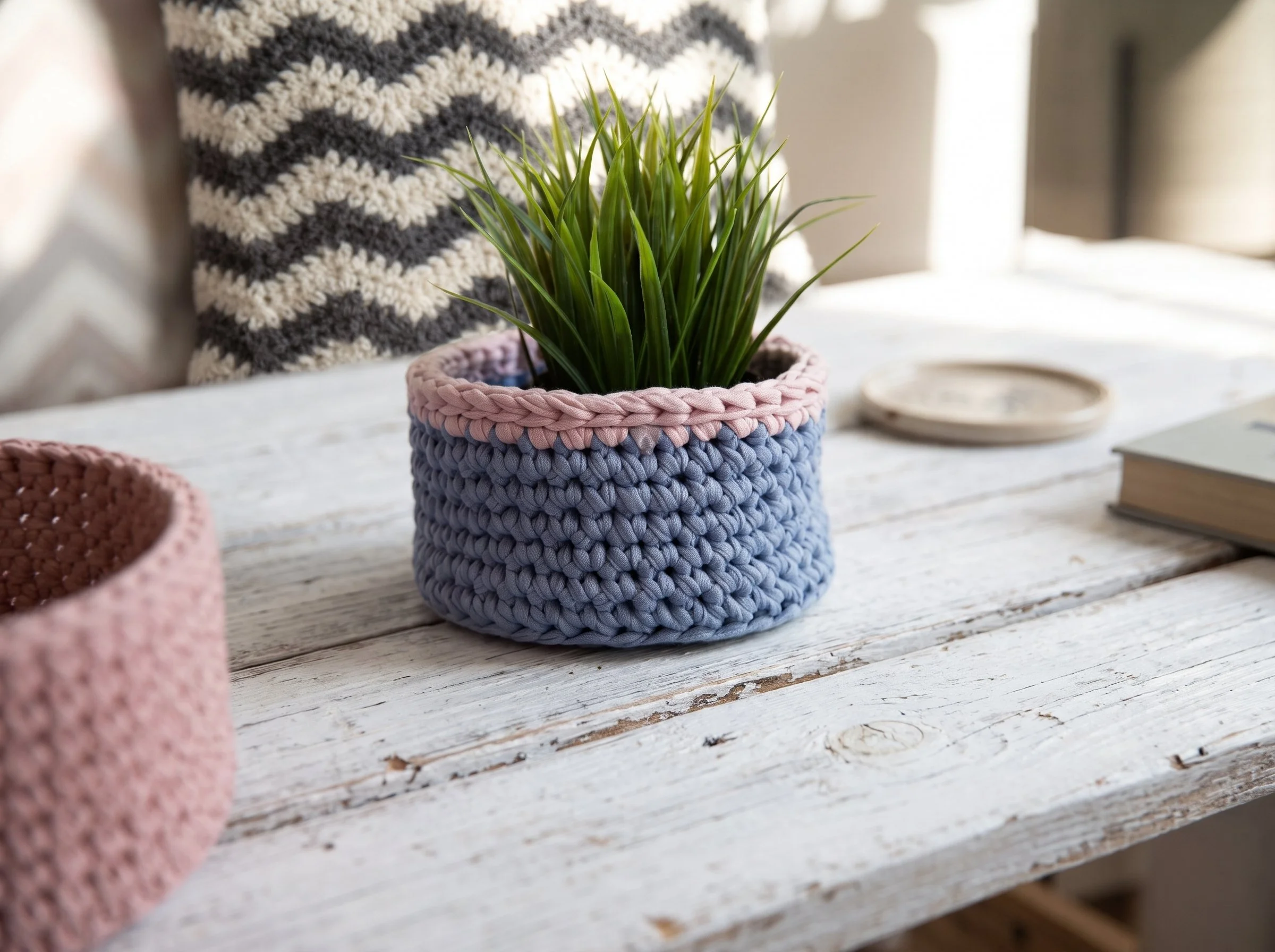 crochet flower pot cover and crochet cushion displayed in a kitchen