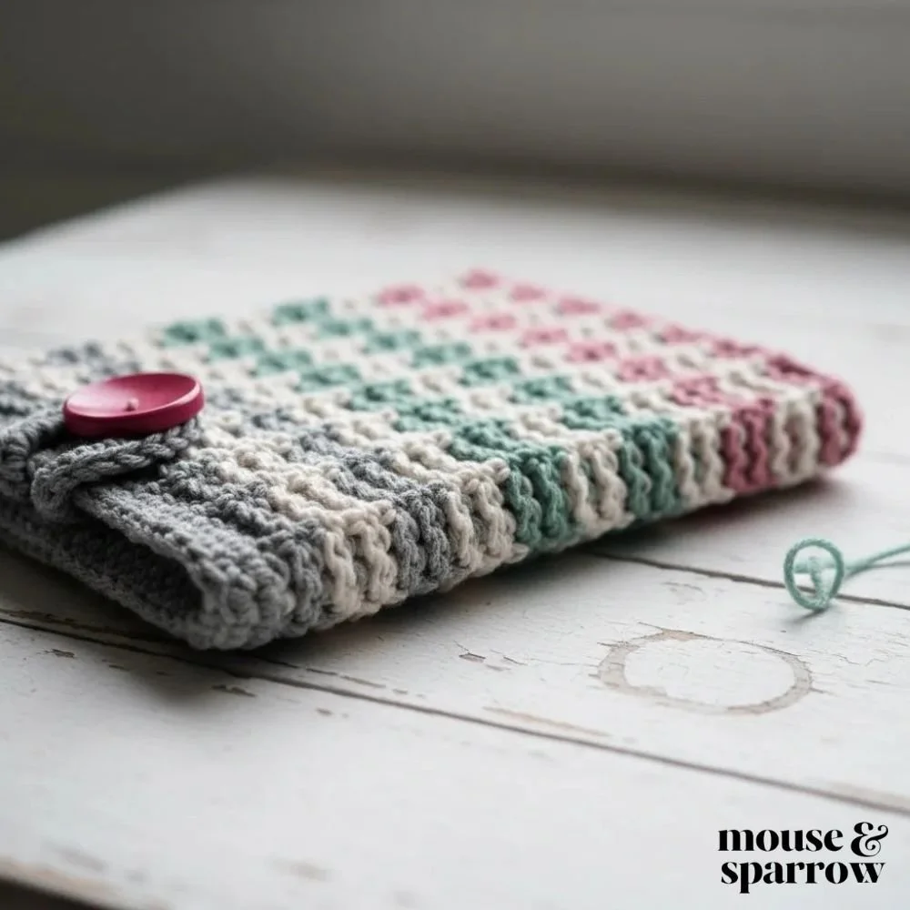 Crochet iPad cover pattern with textured stitches, quick weekend crochet project, simple and functional handmade sleeve.