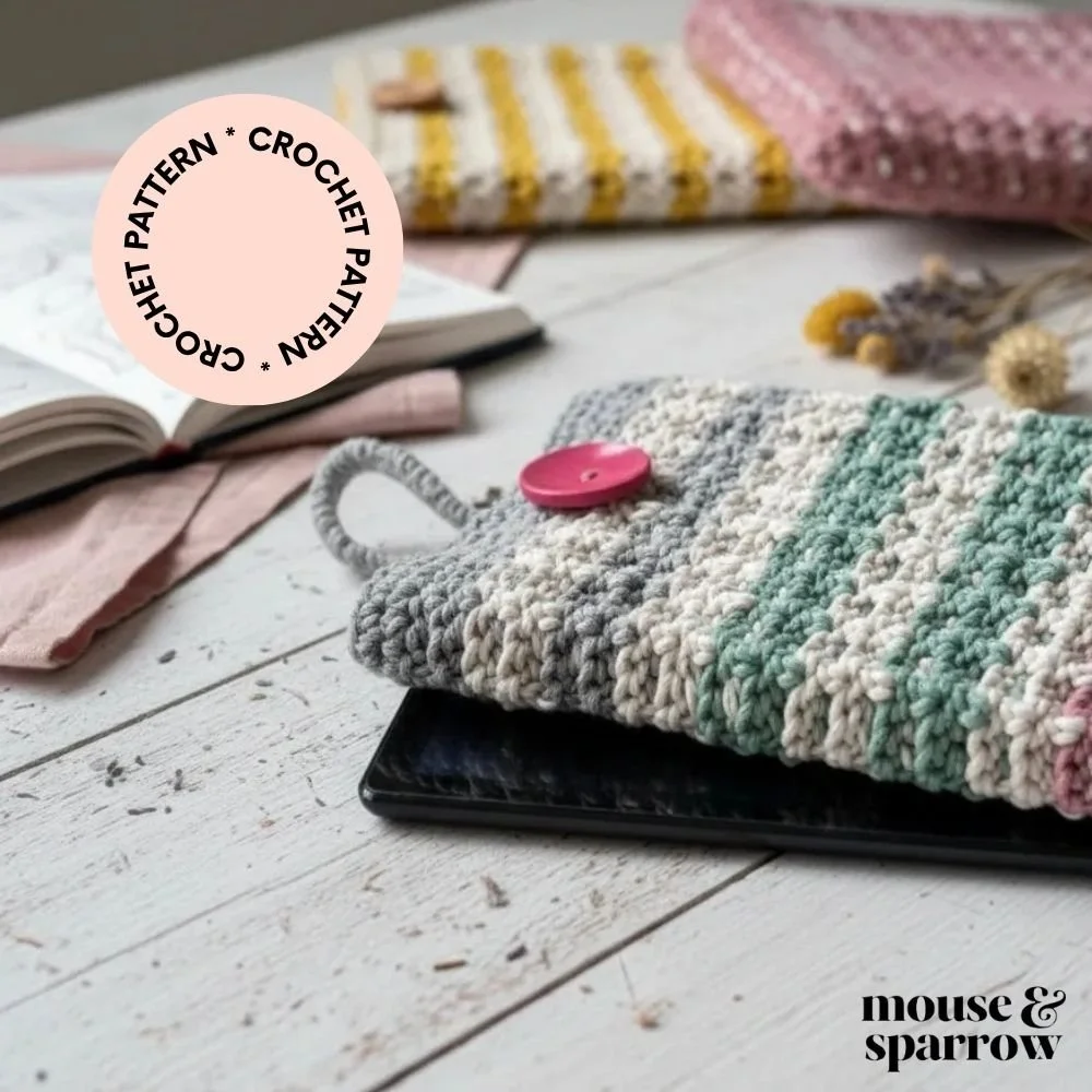 Beginner crochet tablet case with modern texture, quick weekend crochet project using cotton yarn for a practical iPad cover.