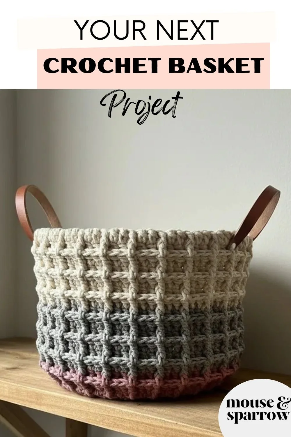 Crochet waffle stitch basket in neutral cotton yarn, sturdy textured storage basket for home decor