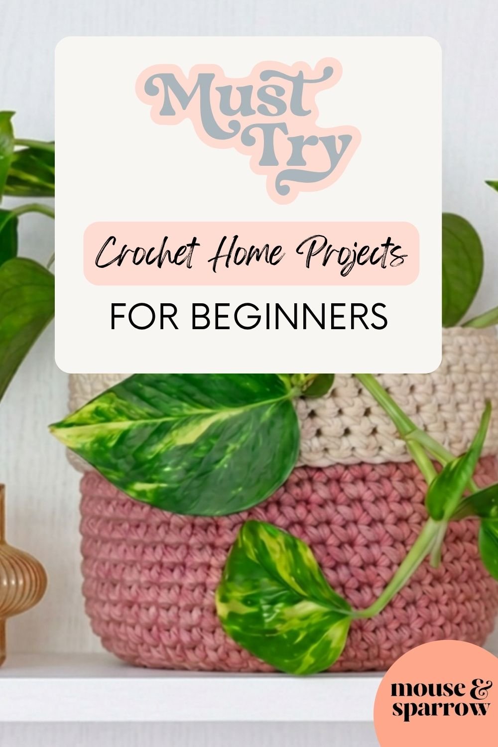 crochet basket with a plant on a shelf.