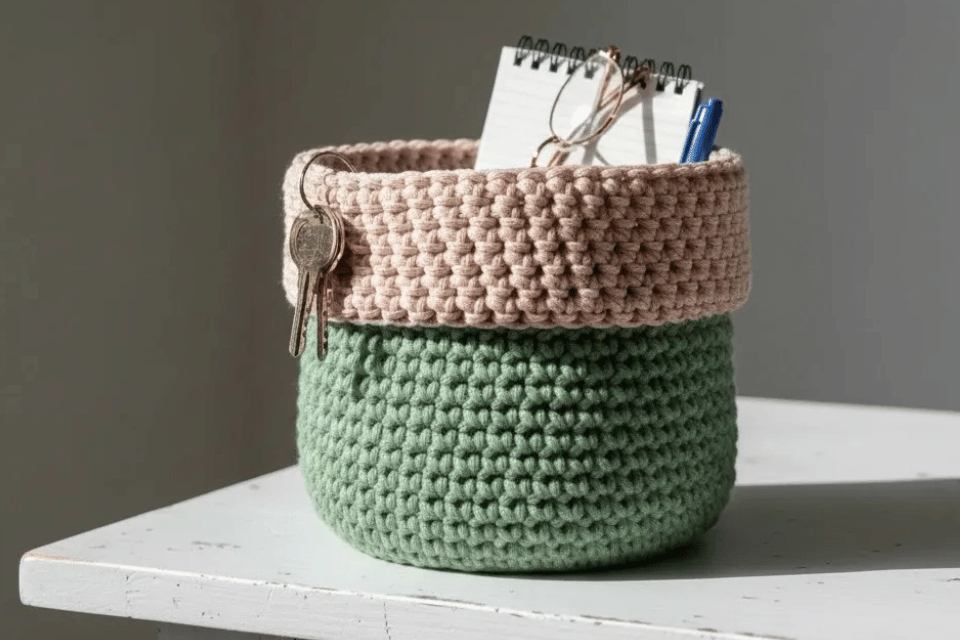 Beginner crochet basket with sturdy sides made using thick cotton yarn on a wooden table