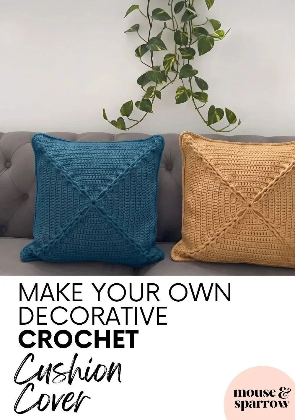 a petrol blue and sand coloured crochet pillow on a sofa