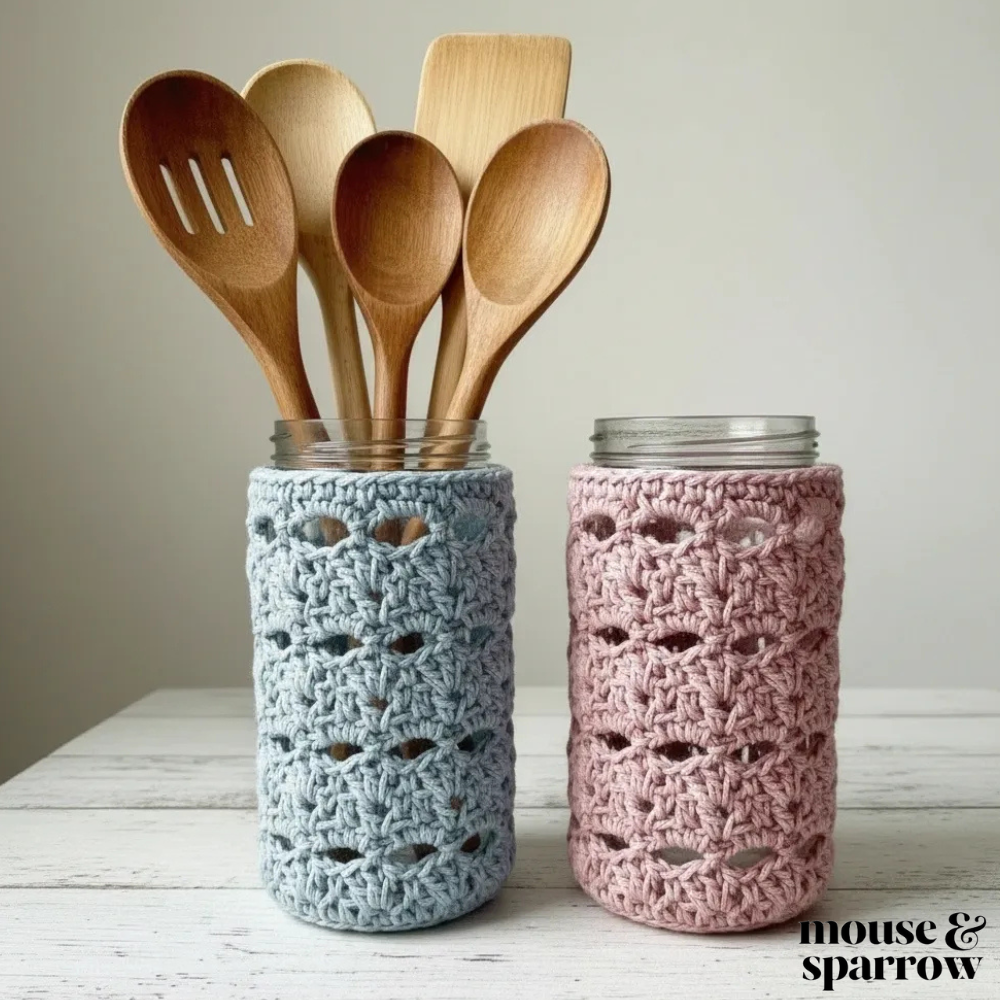 crochet jar covers on a kitchen table