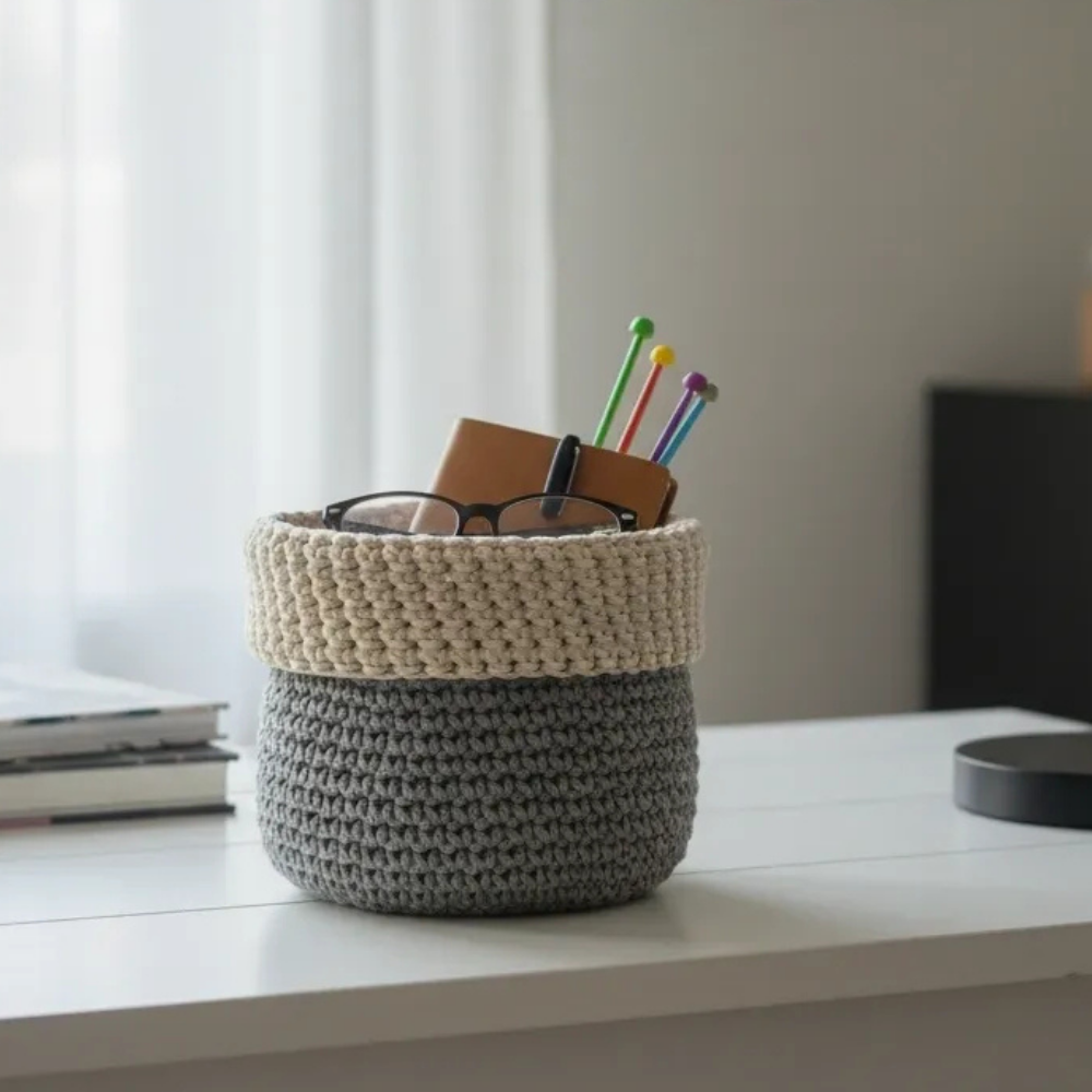 Bedside catch-all — glasses, pens, whatever the day left behind