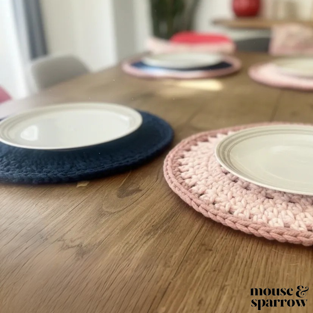 round crochet placemats on a dining table