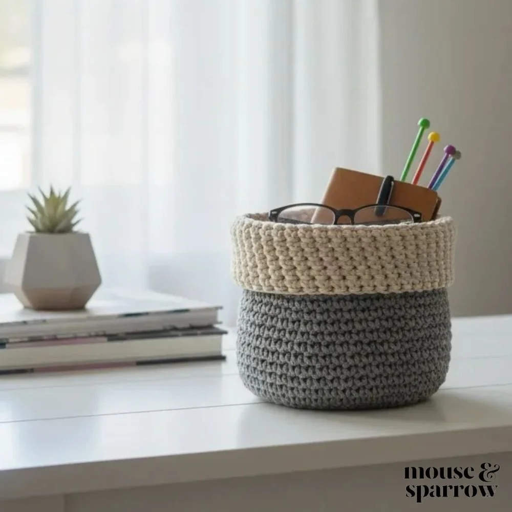 Beginner-friendly crochet basket made with cotton yarn in grey and white with structured sides