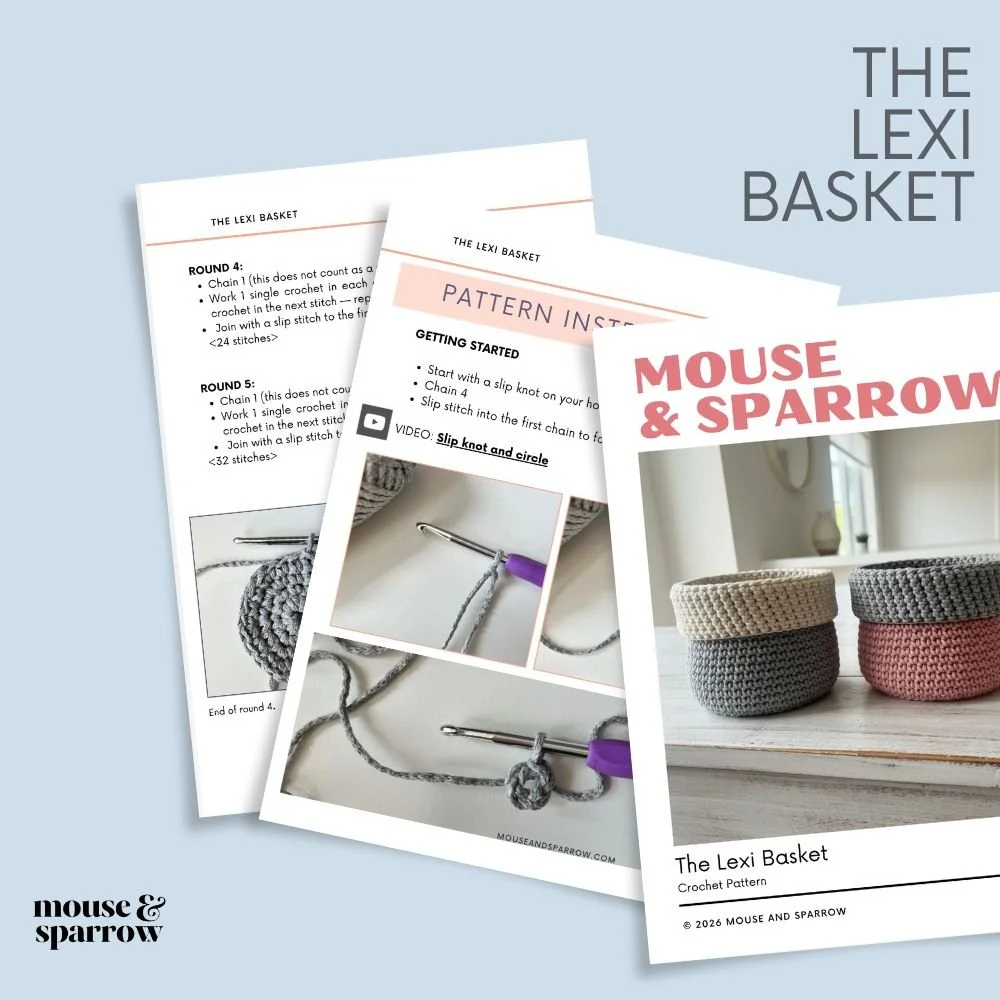 Handmade crochet storage basket for bathroom essentials with folded rim and sturdy base