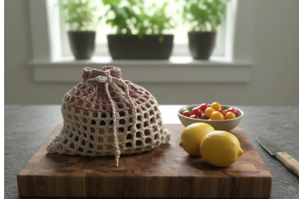 Handmade crochet mesh bag displayed as a practical reusable storage and shopping accessory.