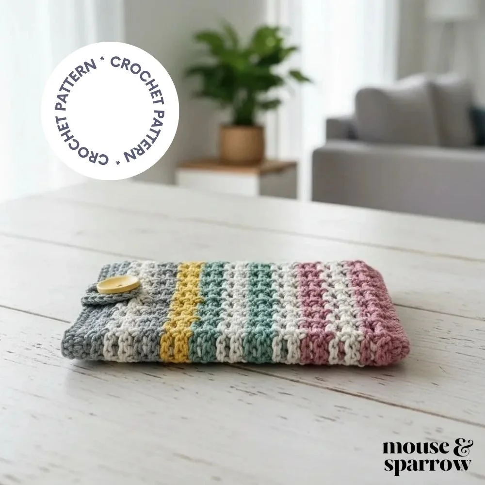 Easy crochet tablet cover pattern for beginners in textured stitch with button closure, handmade cotton iPad sleeve.