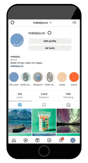Mobile mockup of the Makejoy instagram news feed