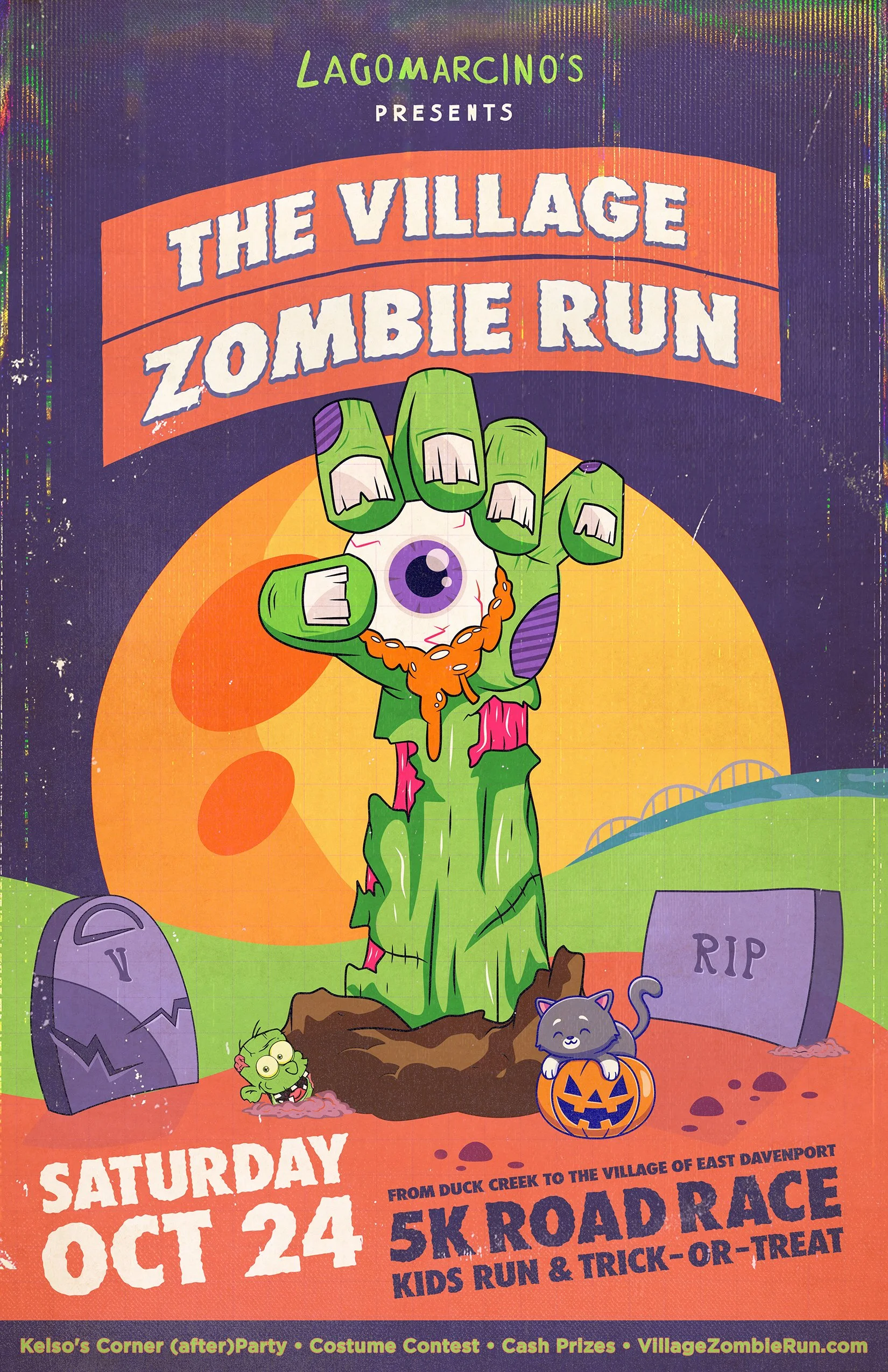 Halloween-themed event poster featuring a cartoon zombie hand with an eyeball emerging from the ground, tombstones, and a small green zombie and a black cat in a pumpkin. The poster promotes The Village Zombie Run on Saturday, October 24, with activities including a 5K road race, kids run, and trick-or-treating.