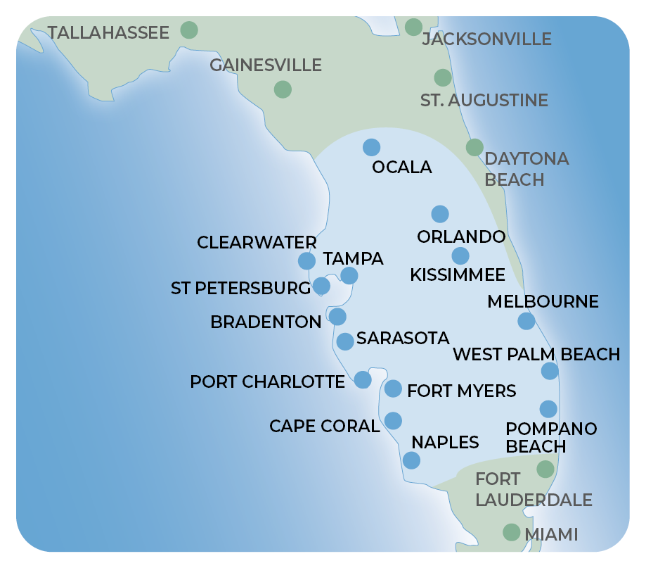 Map of Premier Lakes service area throughout central and coastal Florida.