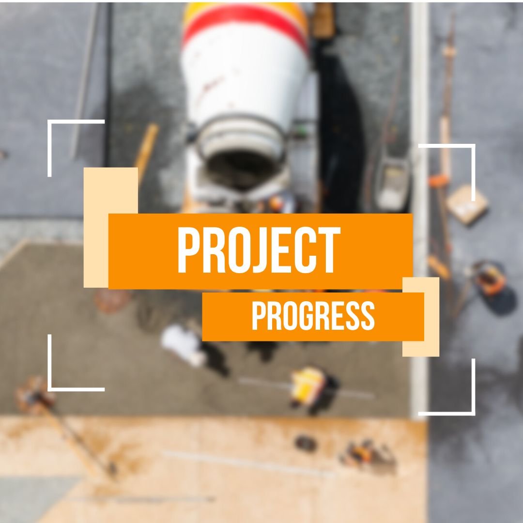 Blurred construction site with concrete mixer and "Project Progress" text overlay.