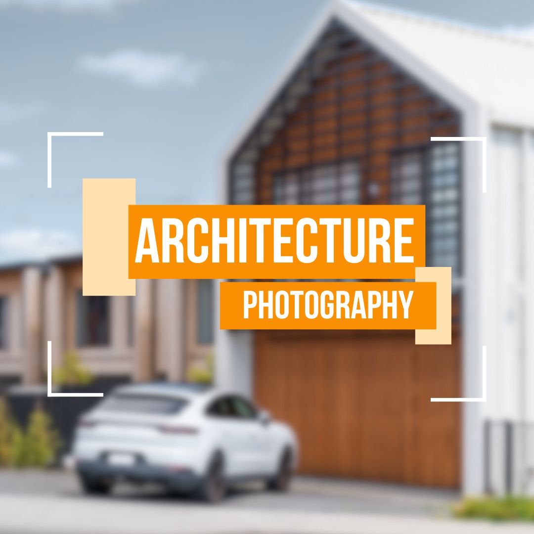 Modern house with a car parked in front, overlaid with text reading 'Architecture Photography.'