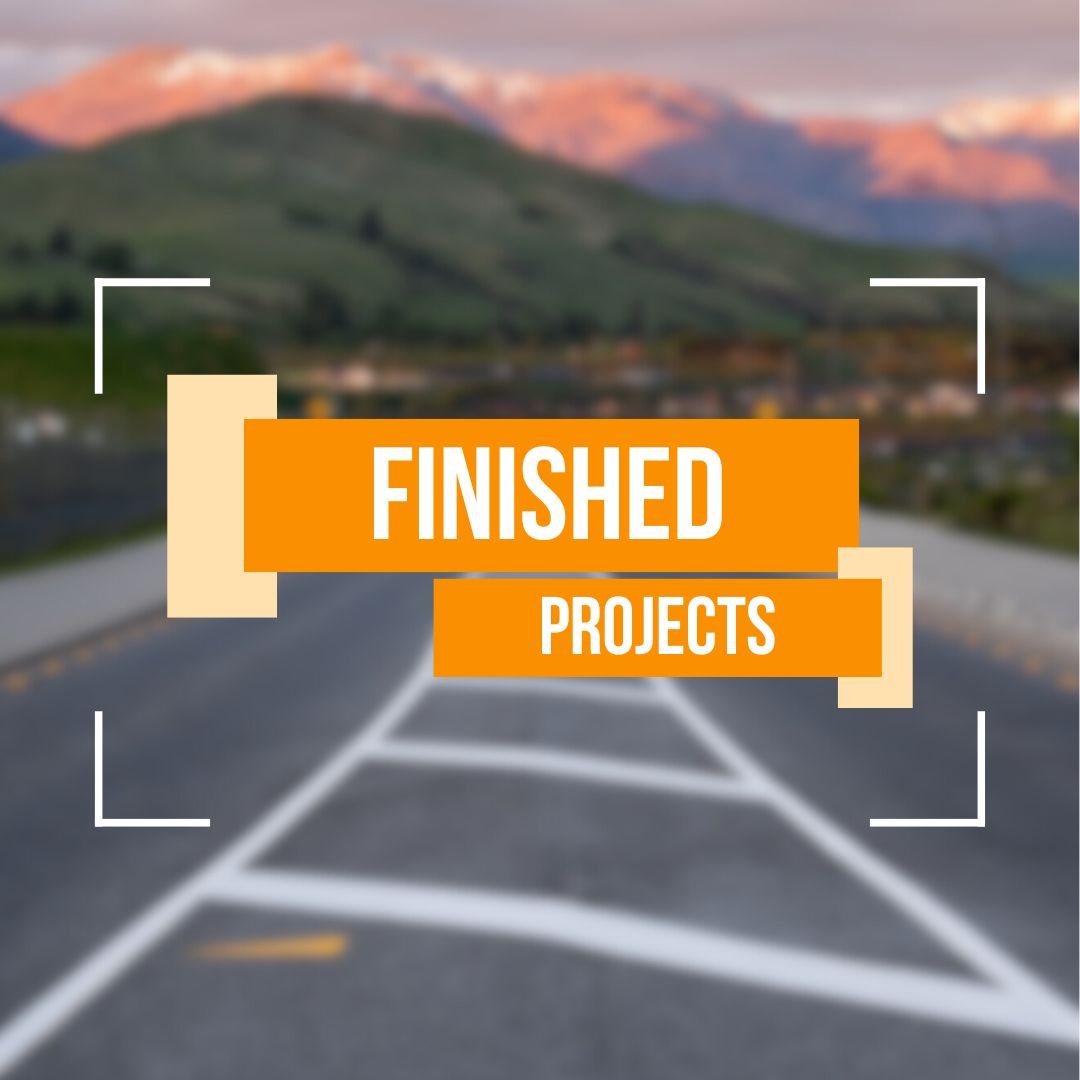 Blurred landscape with "Finished Projects" text overlaid