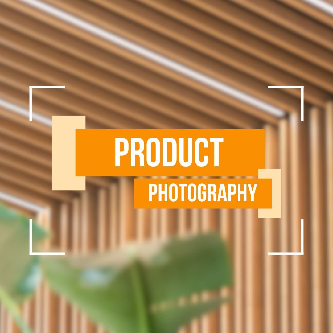 Text 'Product Photography' on orange banner over blurred background with wooden slats.