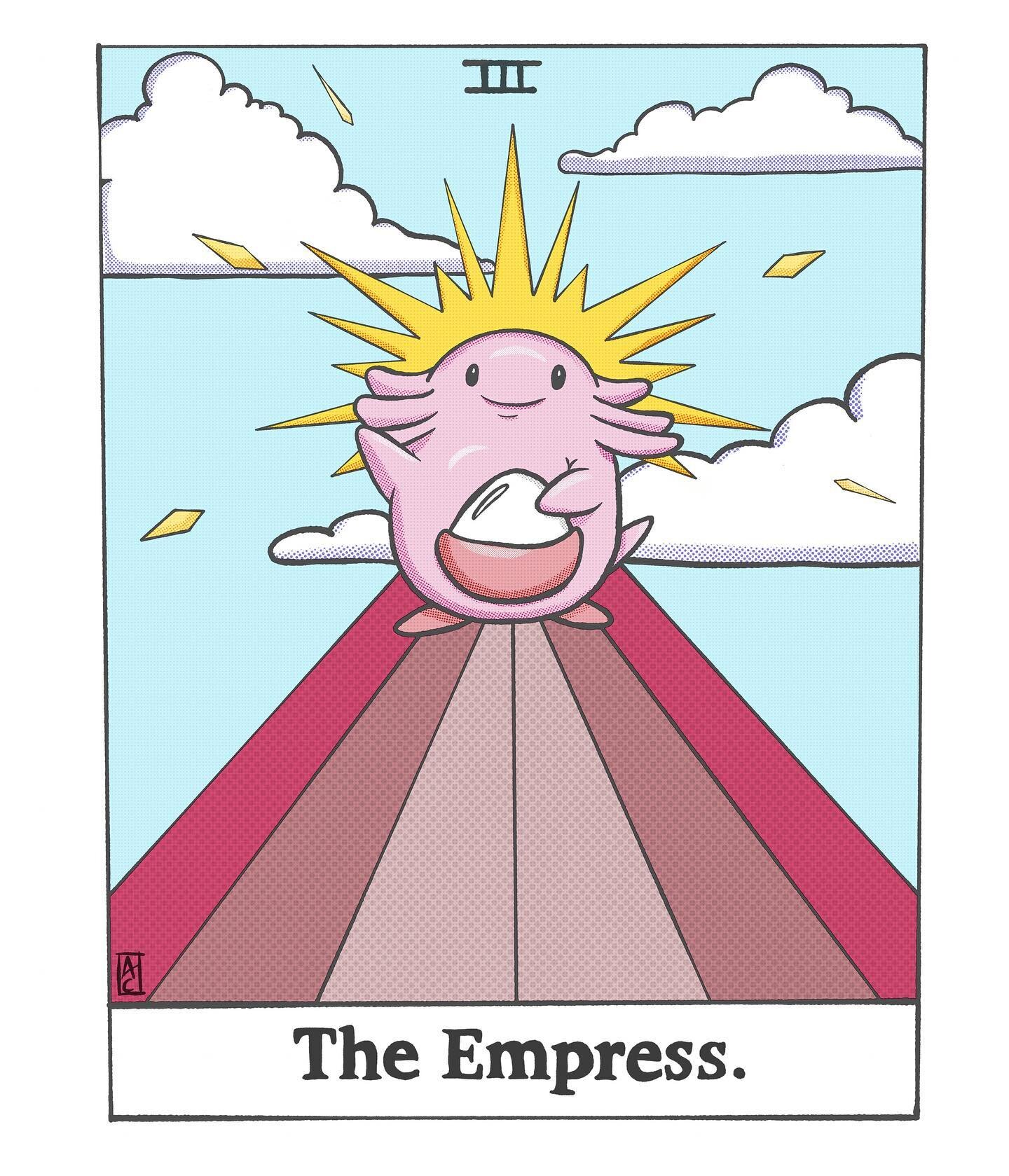 Pok&eacute;mon tarot card. 
Chansey: The Empress. 
Originally made for @dandyinthebronx 
(Prints available starting Jan 1st on my Etsy) 
.
#pokemon #tarot #tarotcards #chansey #illustration #digitalart #artwork #pokemonart #pokemonillustrations