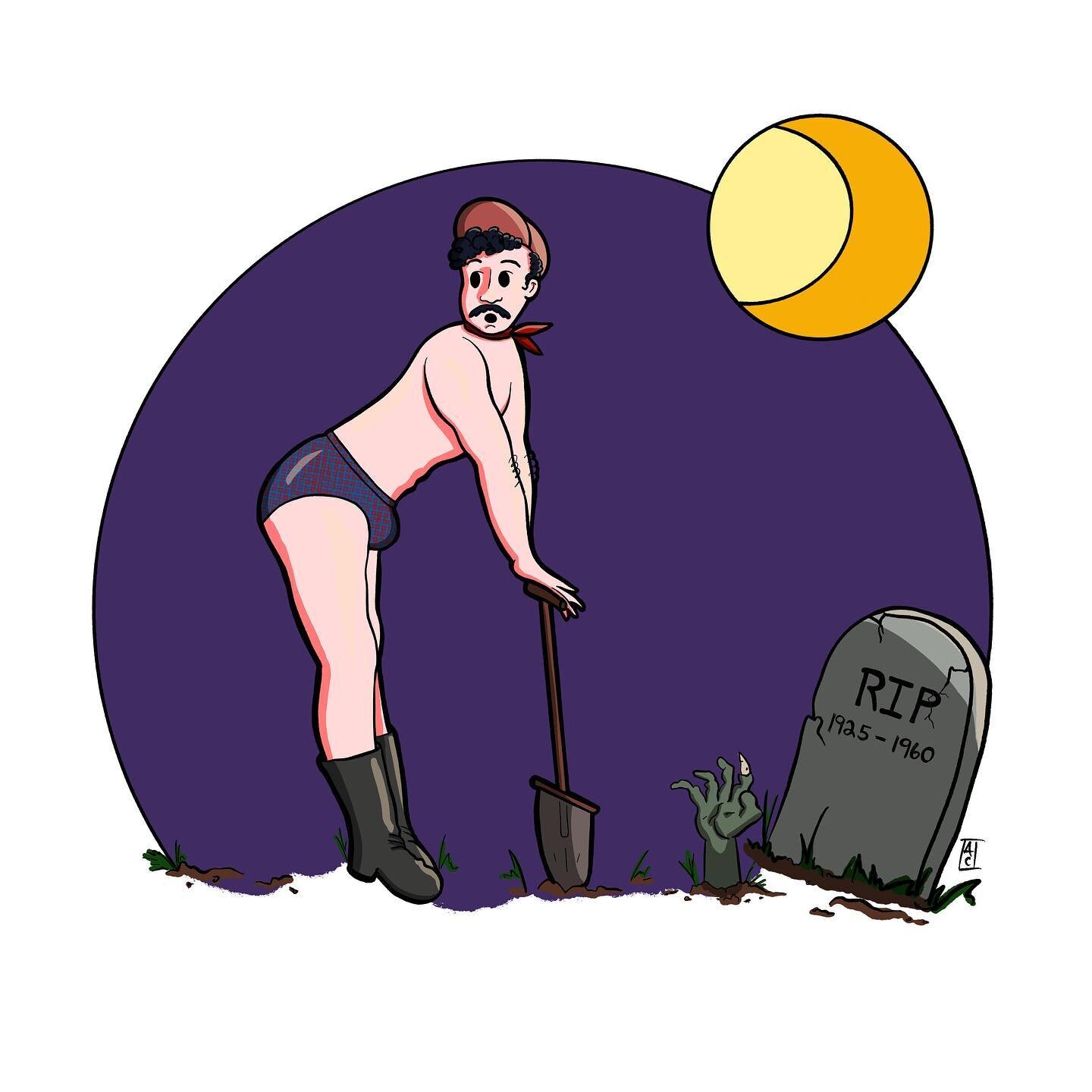 Been busy. Forgot to post my #pintober the other day. Here&rsquo;s my illustration for the &ldquo;Coffin&rdquo; prompt.
@caducadoart 
.
#malepinup #spoopyseason #coffin #gravedigger #makeitsexy #pinup #illustration
