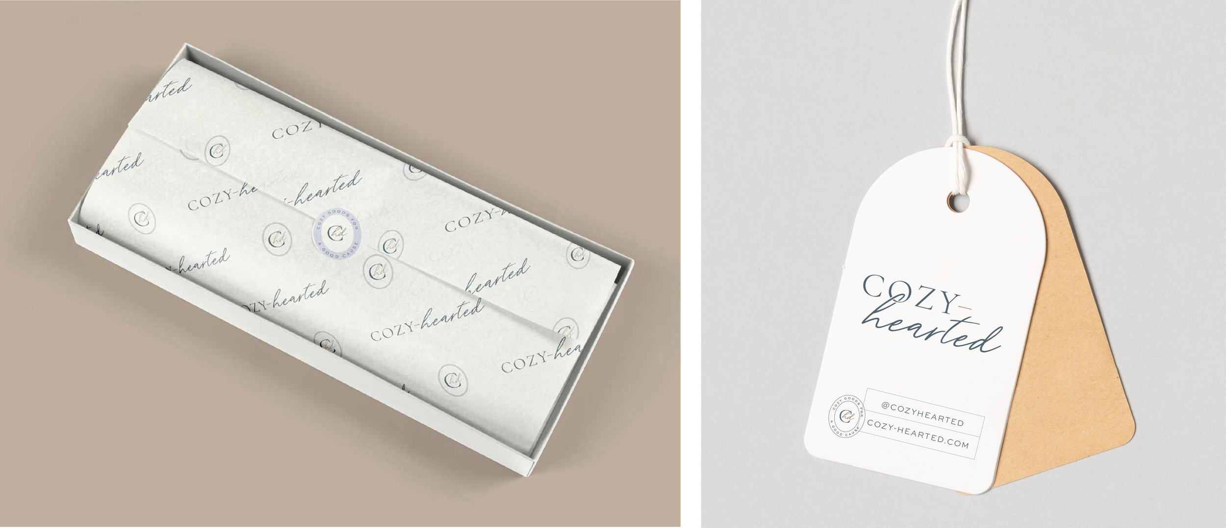 Packaging and tags for a brand called Cozy-Hearted, including a white box with branding tissue paper and a gift tag attached with a string.