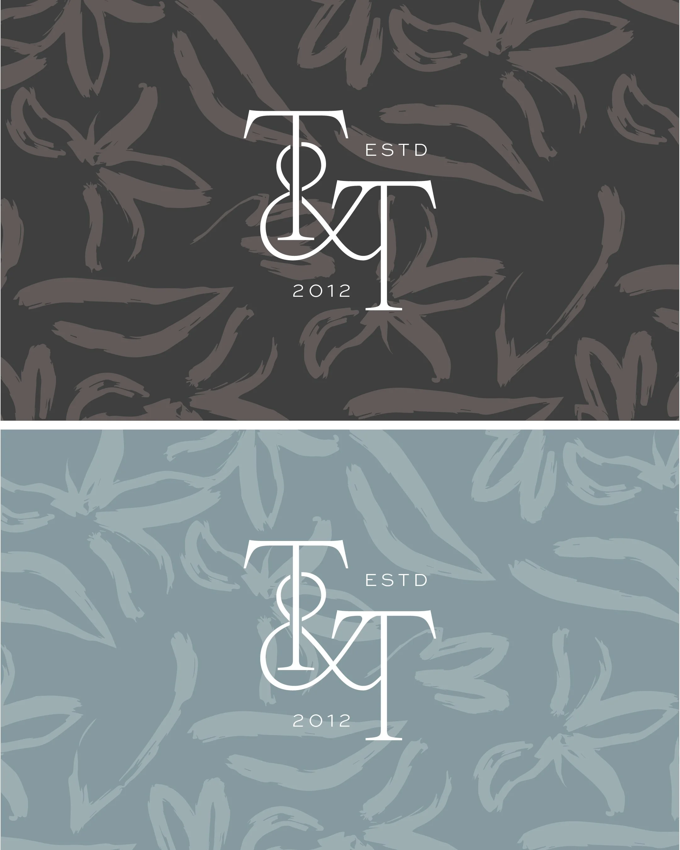 Graphic design featuring floral patterns in dark gray and light blue backgrounds with white text, including the initials 'T & T', 'ESTD', and the year '2012'.