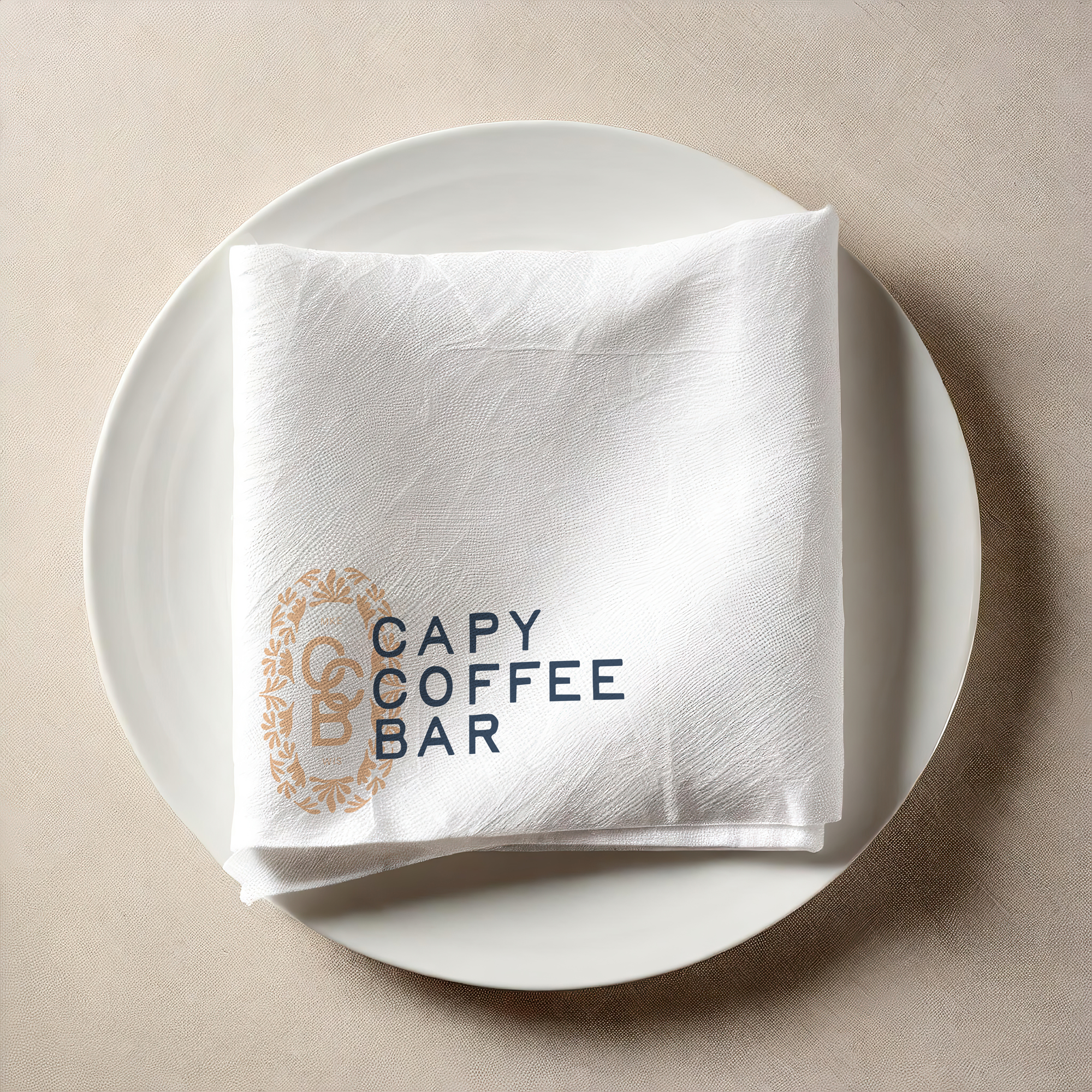 A white napkin with the logo and text 'Capy Coffee Bar' printed on it, placed on a white plate on a beige surface.