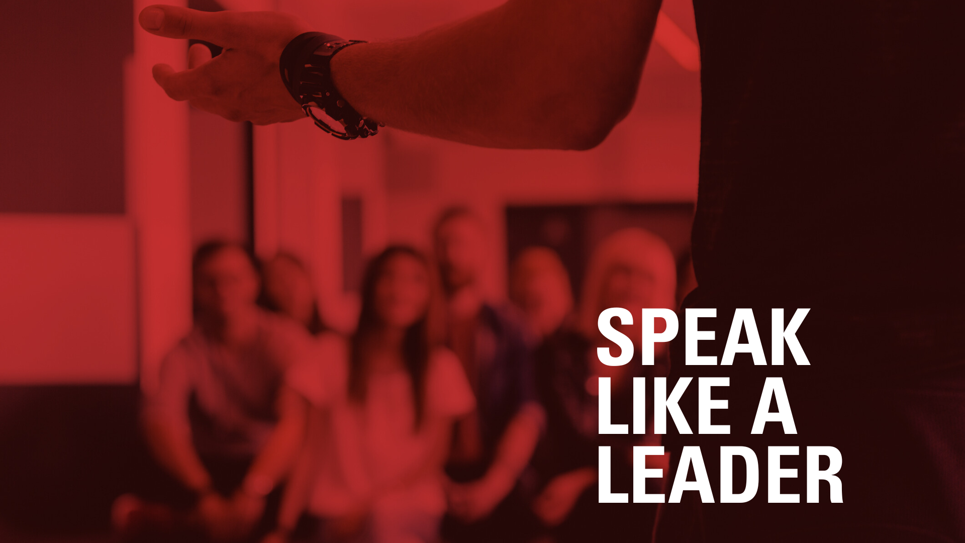 Person gesturing with "Speak Like a Leader" text overlay