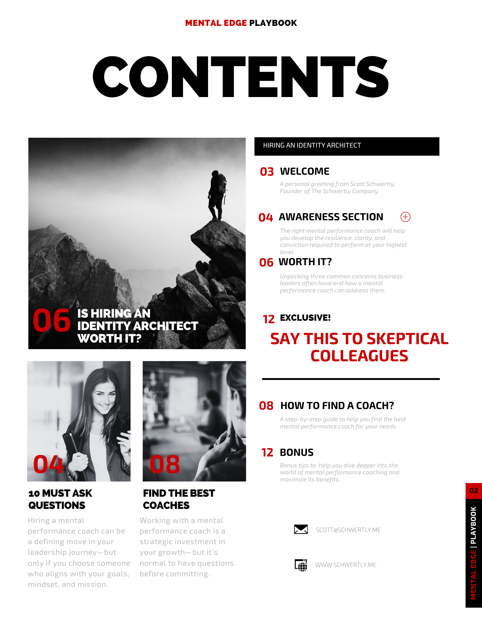 Contents page of the "Mental Edge Playbook" featuring a table of contents with sections on hiring an identity architect, must-ask questions, finding the best coaches, and exclusive tips. Includes images of a person on a mountain and a woman smiling.