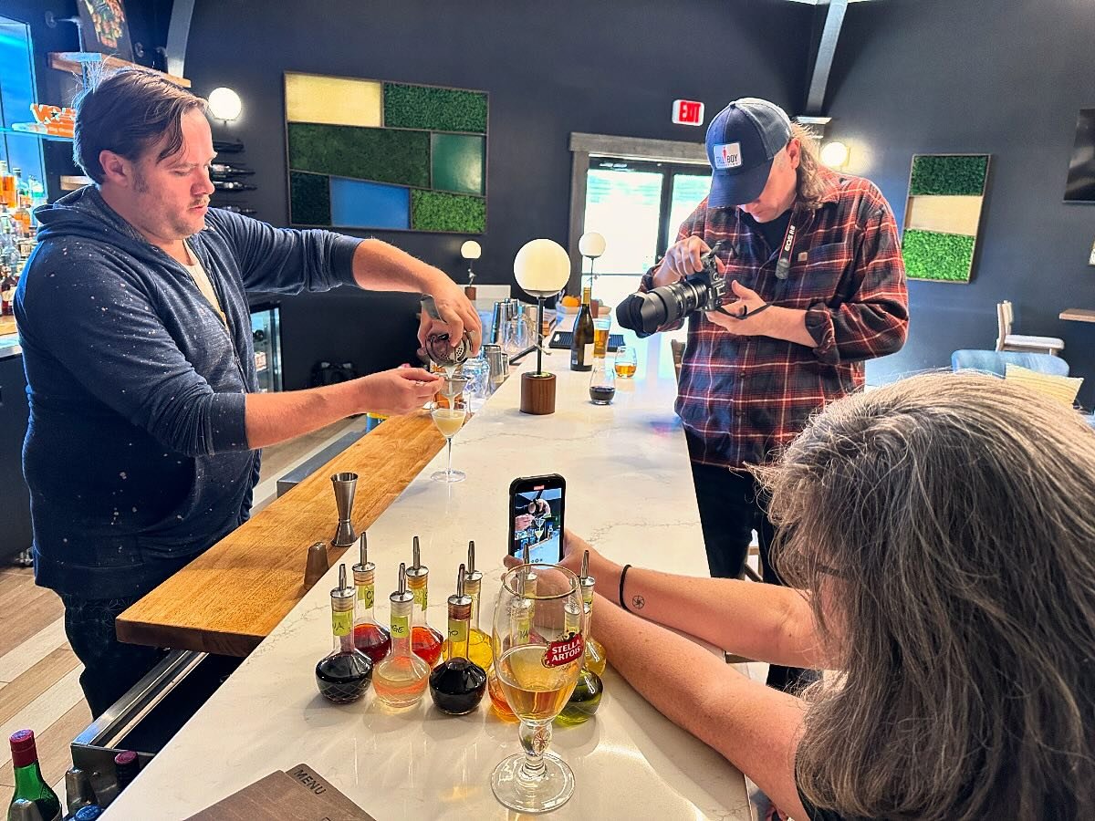 Joey and Kiera in their element while shooting one of @welltreecity &lsquo;s specialty whiskey sours complete with egg whites and house made bitters. #mondayfunday