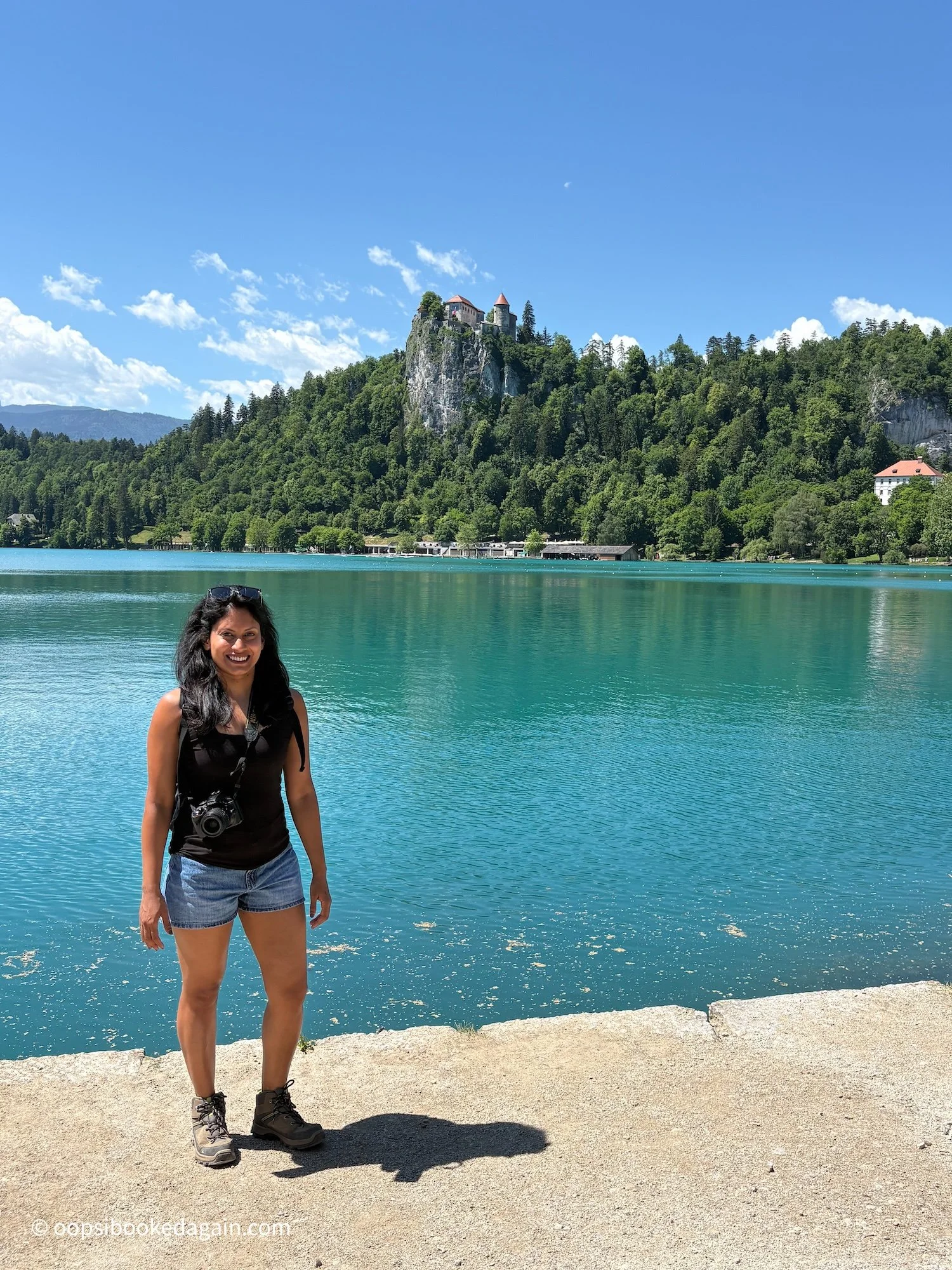 views of Bled Castle walking around Lake Bled