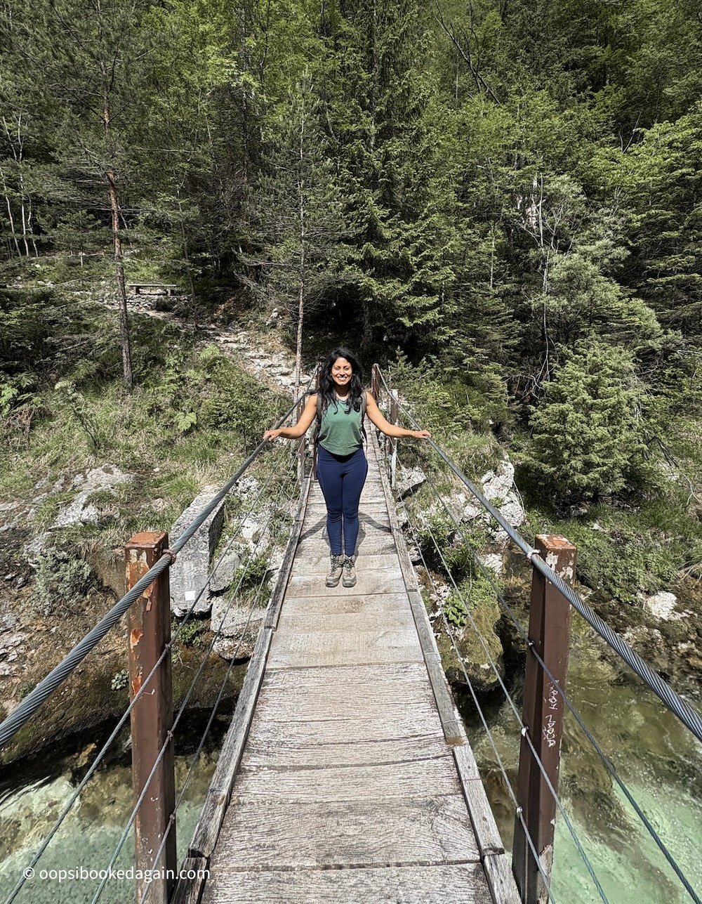 Wooden suspension bridge on Soča Trail in Triglav National Park