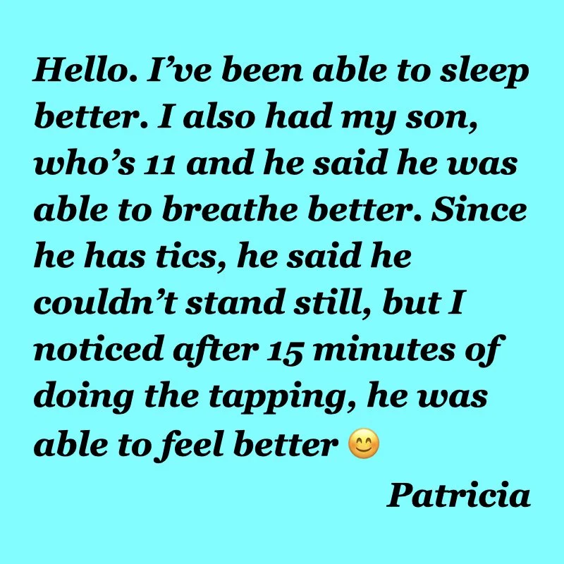 Light blue background with black italicized text sharing a personal story about sleep, a child's respiratory issues, and the positive effect of tapping, signed by Patricia.