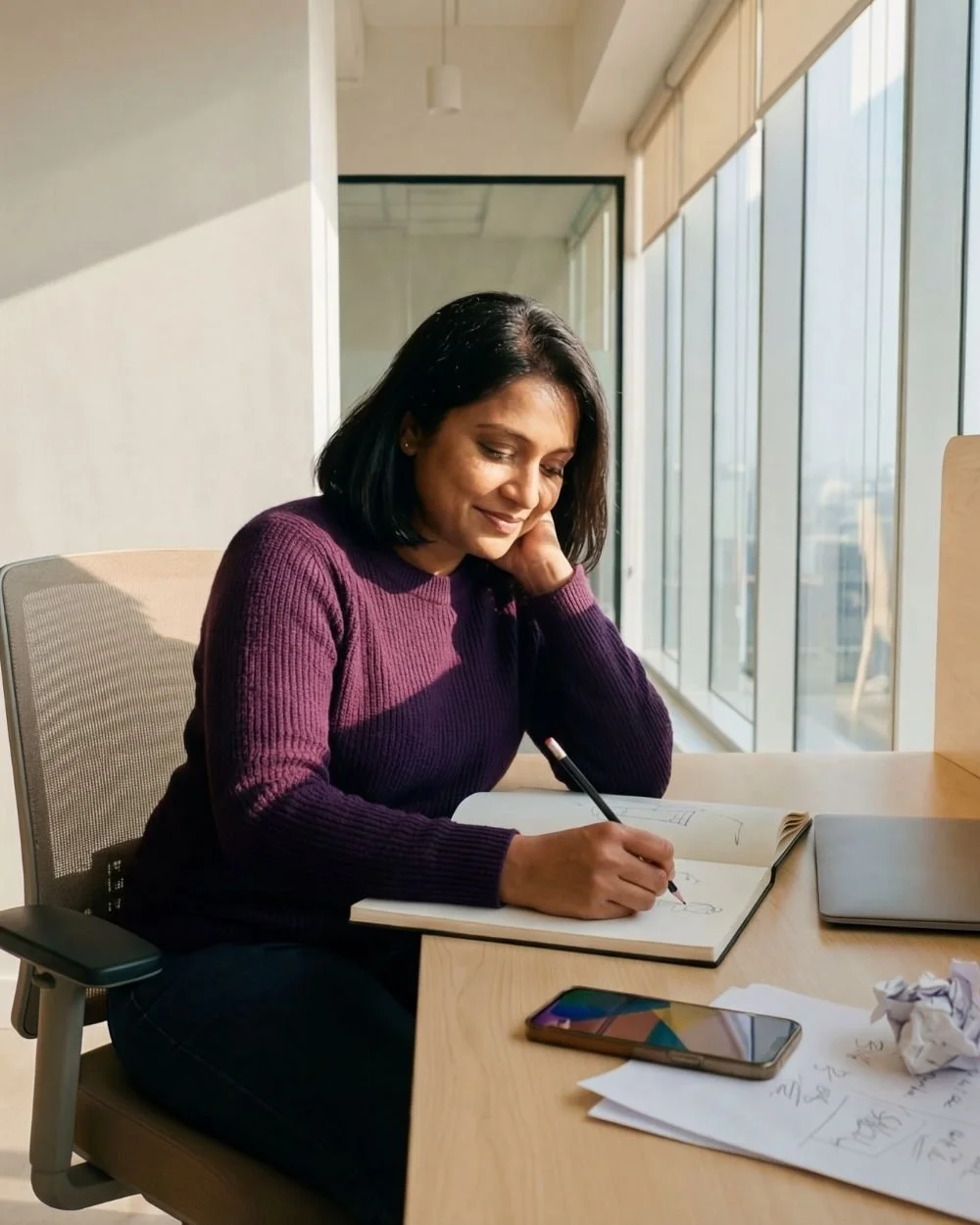 A woman at her desk sketching in a notebook, absorbed in her own work.