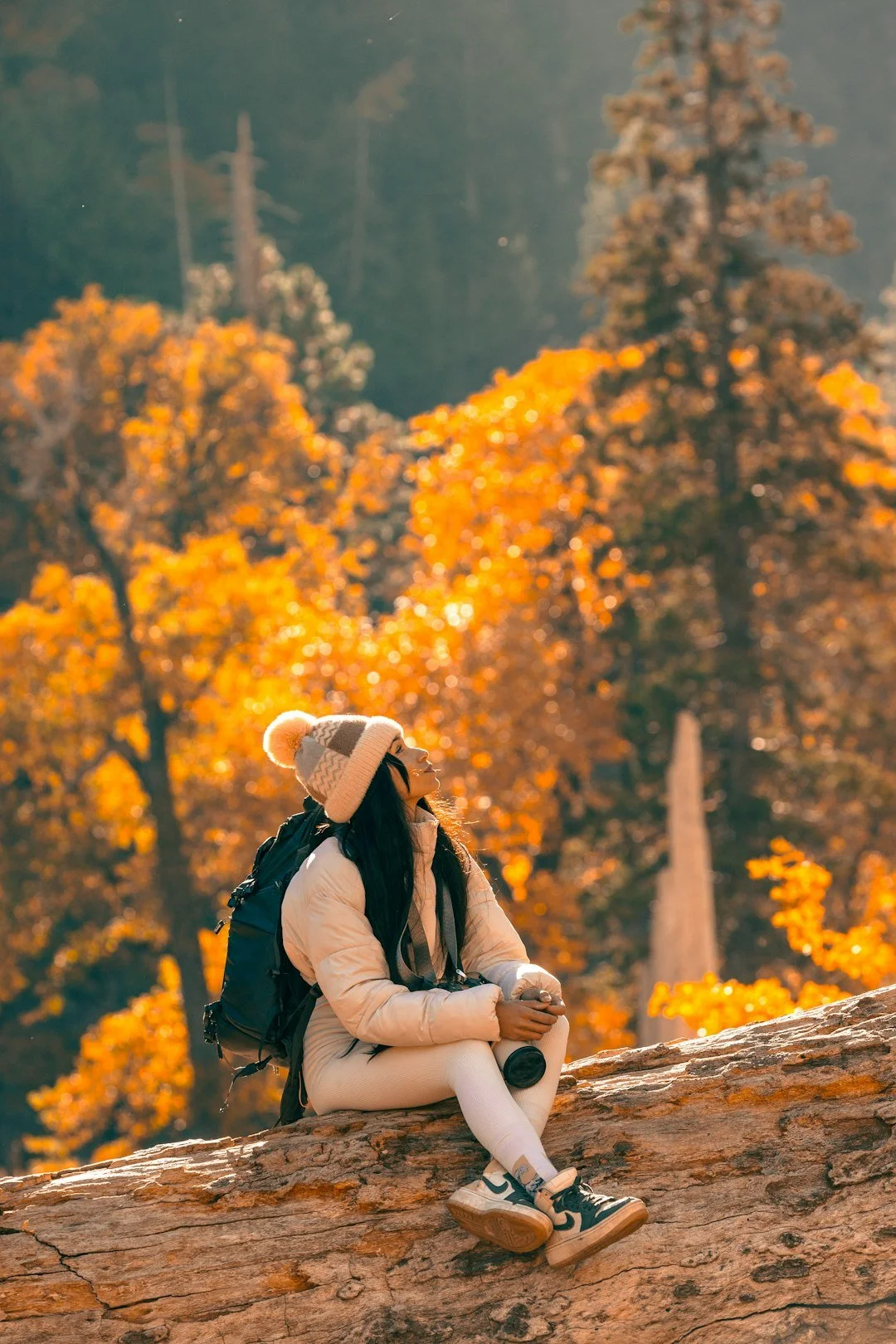 Woman sitting peacefully on tree log in autumn reflecting on authentic dating and relationships
