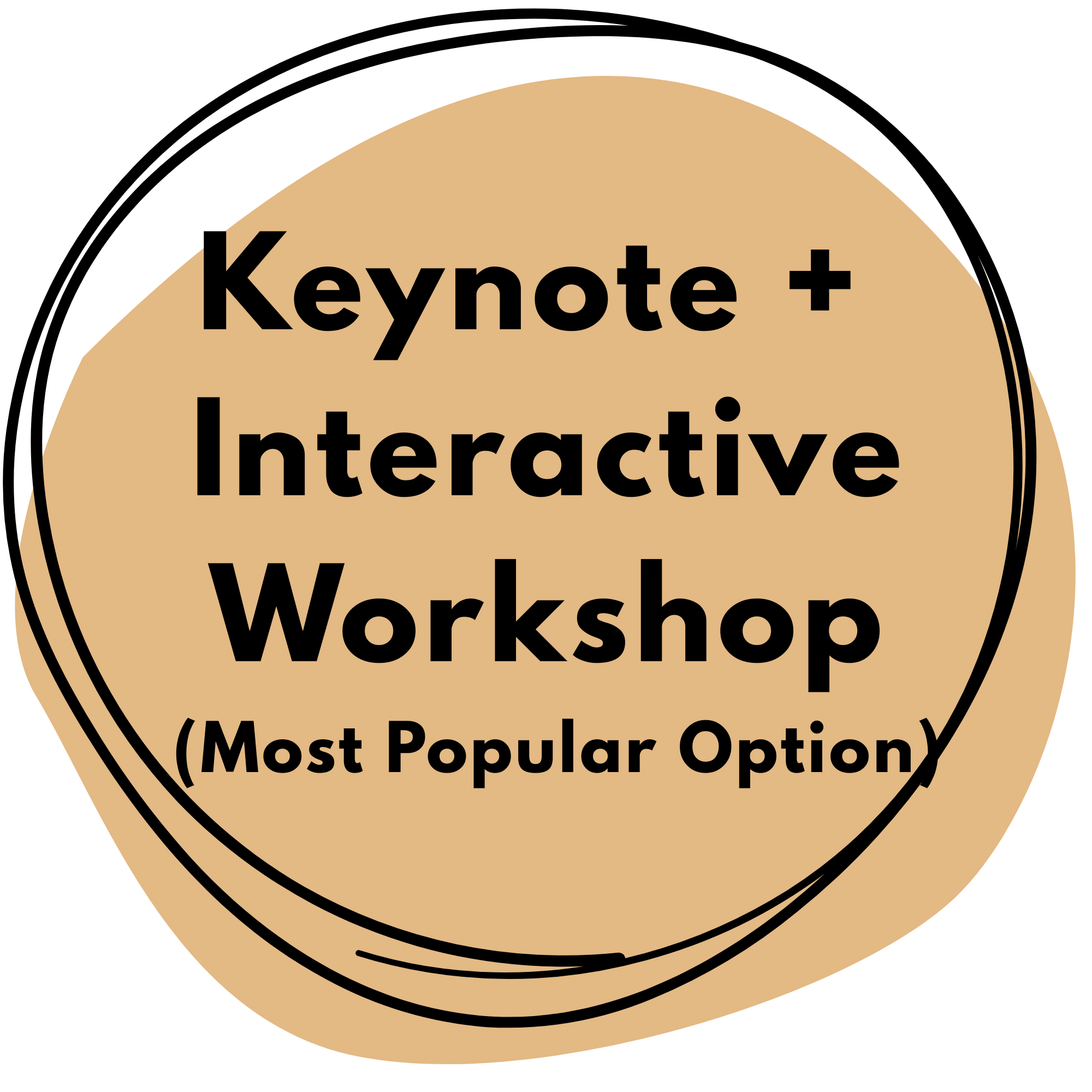 Text on a tan, irregularly shaped badge reading 'Keynote + Interactive Workshop (Most Popular Option)' in bold black letters.